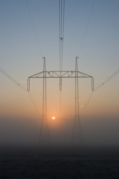 The transmission tower in the mist
