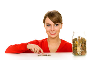 Woman with jar of coins
