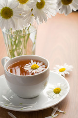 white cup of herbal tea and camomile flowers