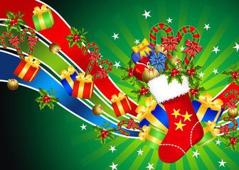 Calza e regali della befana su sfondo verde