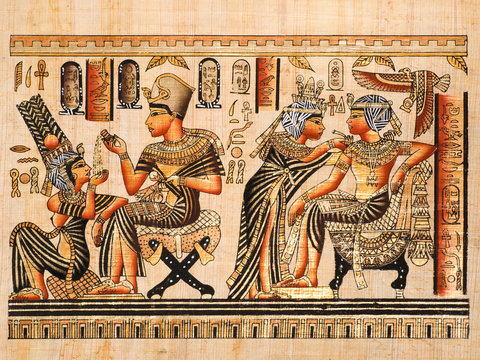 Egyptian papyrus: scenes of Tutankhamen and his wife Anhksenamon