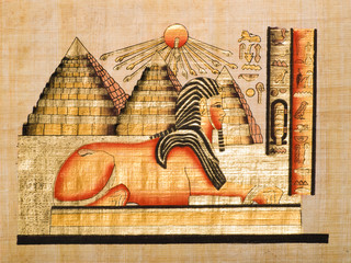 Egyptian papyrus showing the Sphinx and the pyramids