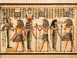 Papyrus zeigt Tutanchamun mit Osiris, Hathor und Isis