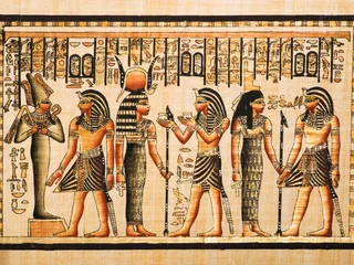 Deurstickers Egypte Papyrus met Toetanchamon met Osiris, Hathor en Isis