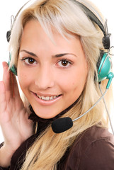 .Close-up face of woman in headphones on a white background..