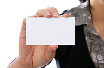 Woman holding a blank business card