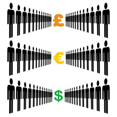 lines of men with currency symbols