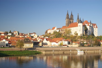 Fototapeta premium view on Miessen old town over Elbe river