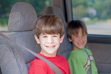 Boys Buckled up in Automobile