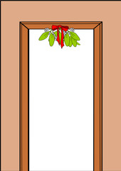 A Mistletoe with red ribbon hanging in a doorway