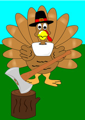 Turkey with axe and stump