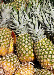 Stack of pineapples outside in store display