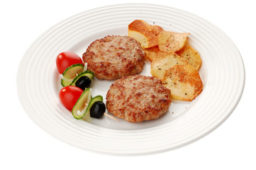 Fried steaks with chips and vegetable salad isolated on white