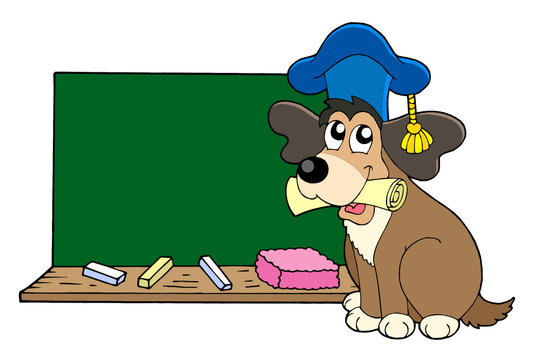 Dog teacher with blackboard