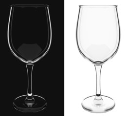 An isolated empty wine glass on black and white backgrounds