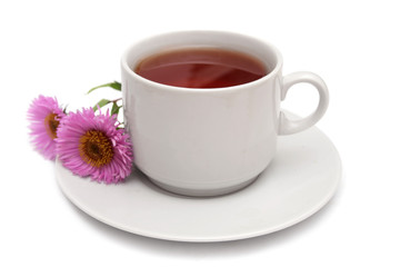 Cup of tea and pink daisies.