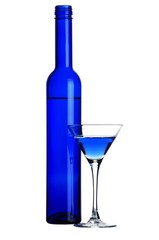 Isolated blue martini and blue bottle