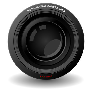 Camera lens isolated over square white background