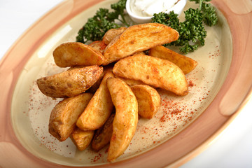 Potato, garnish, sauce.