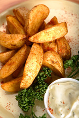 Potato, garnish, sauce.