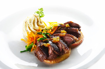 Roast duck with mashed potato cream and vegetable