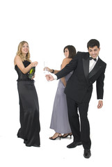 woman opening a champagne bottle at a new year party