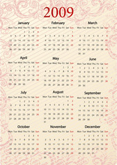 European pink calendar, starting from Mondays