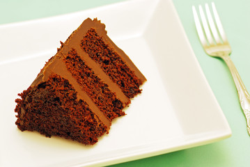 chocolate cake on a plate with a fork