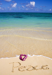 Fototapeta na wymiar Na plaży na Hawajach, peace słowo jest napisane w piasku