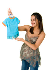 Naklejka premium Pregnant Woman Showing Baby Clothes