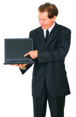 Senior Businessman Smiling Present Empty Screen Laptop