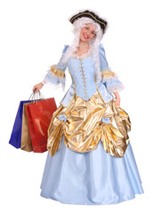 Woman in ancient dress  with gift bag.