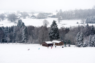 winter landscape with people skiing