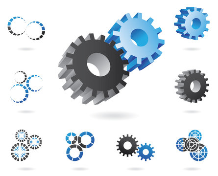 a set of blue and black cogs in 2d and 3d shapes