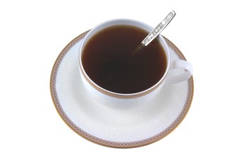 Cup of strong tea with teaspoon on white