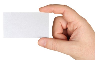 Blank card in hand, isolated on white background