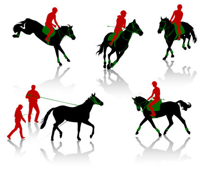 Silhouettes of equestrians on horses during competitions