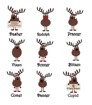All Nine Reindeers With Names Isolated On White Stock