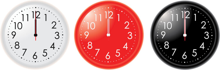 Different colors clocks  with hands on 12 o'clock