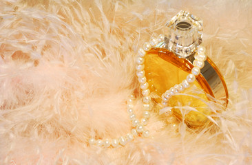 Feathers, necklace and perfume