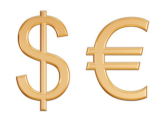 dollar and euro golden symbols isolated