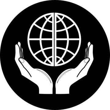 Vector globe in hands icon. Black and white. Simply change.