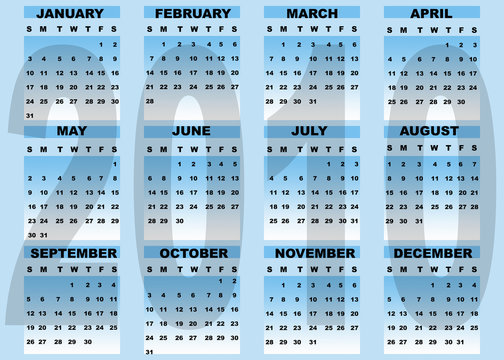 English calendar 2010 in blue
