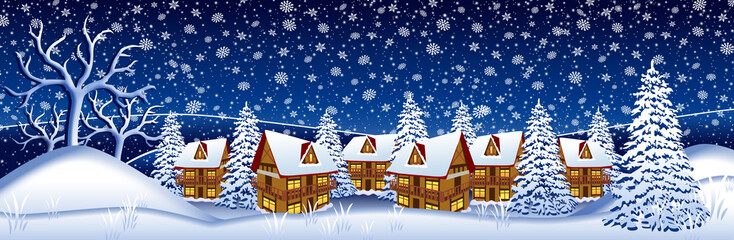 Blue winter landscape with wooden houses