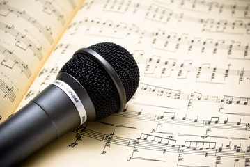 audio microphone close up and music notes