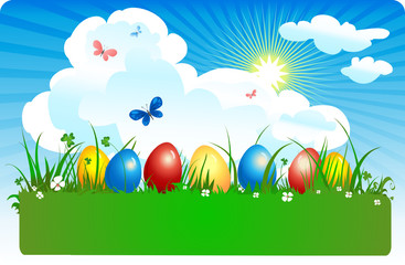 Coloured eggs in a meadow