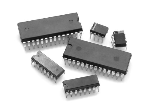 Integrated circuit chip against white background