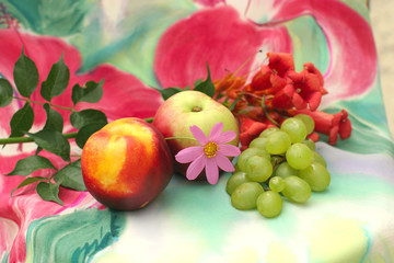 Naklejka na ściany i meble Peach, apple, flowers and leaves on water colour background
