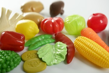 Plastic game, fake varied vegetables and fruits