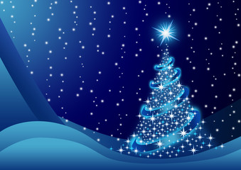 Blue Christmas Tree with snow - obrazy, fototapety, plakaty
